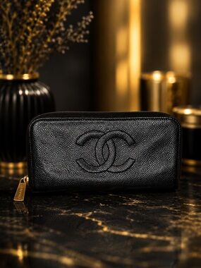 Chanel Black Caviar Leather Zip Around Long Wallet Gold CC Logo